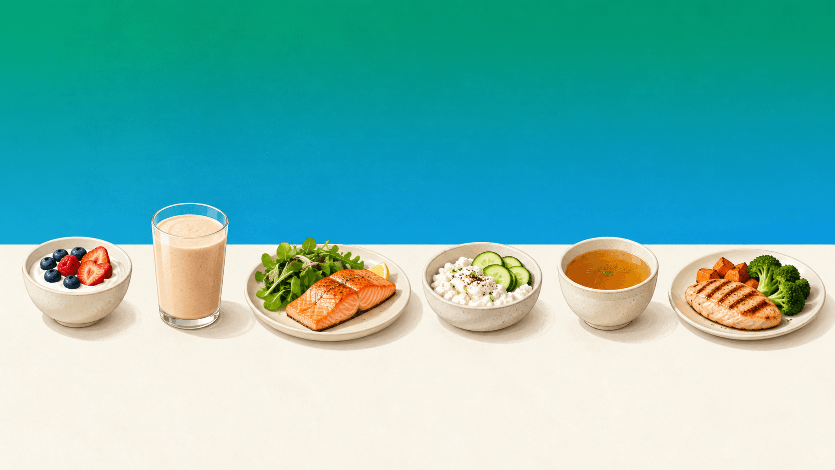 Six small meals across the day: yogurt, smoothie, salmon plate, cottage cheese, broth, chicken plate