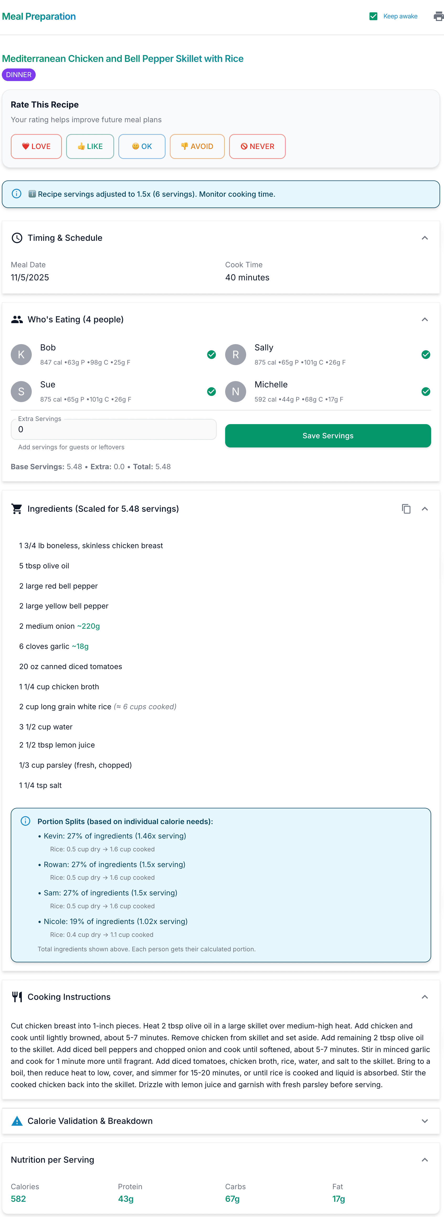 Recipe detail with nutrition info and family portion splits